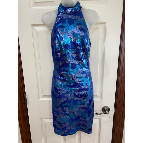 SHO By Tadashi Shoji Blue & Turquoise Sequin Camo Halter Mini Dress 19” Armpit T - Picture 7 of 8